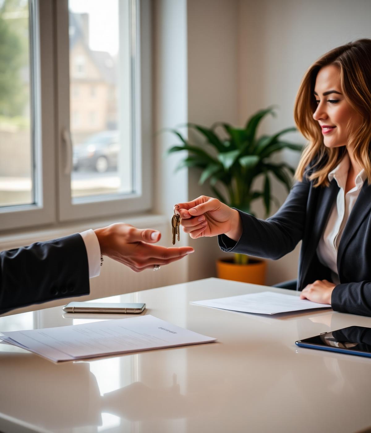 Asesora inmobiliaria entregando llaves a un cliente